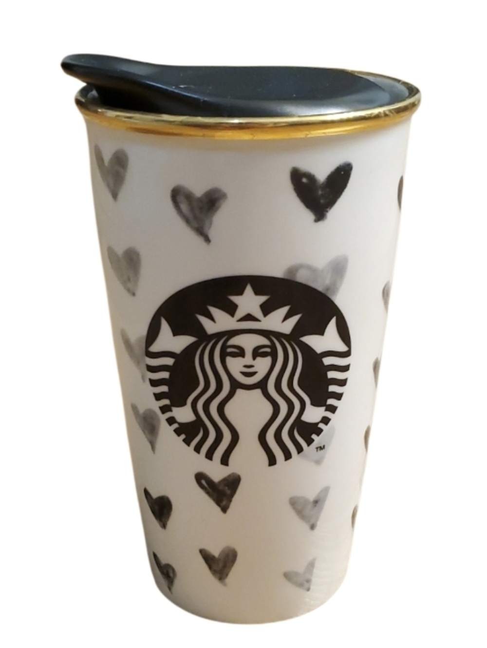 Starbucks Ceramic 2014 White With Black Hearts‎ 12oz Tumbler Mug